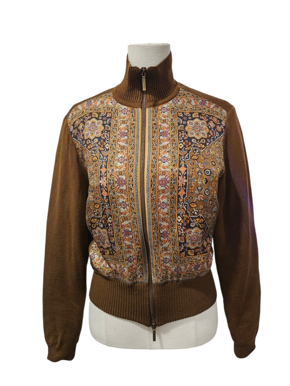 Etro Milano Vintage Paisley Silk Panel Knit Zip Up Cardigan Jacket Brown